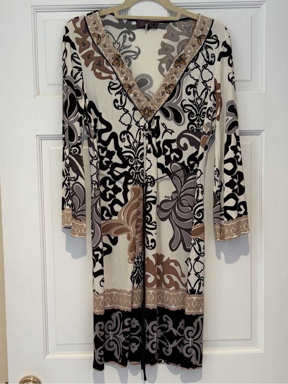 Hale Bob Cream, Black & Brown V-Neck Long Sleeve Pattern Dress